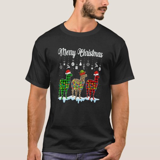 Merry Christmas Cute Llama  Xmas Leopard Plaid Tシャツ (正面)