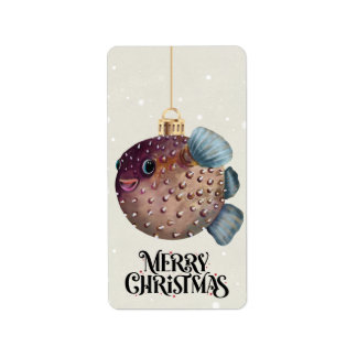 Merry Christmas Cute Pufferfish Ornament Whimsical ラベル