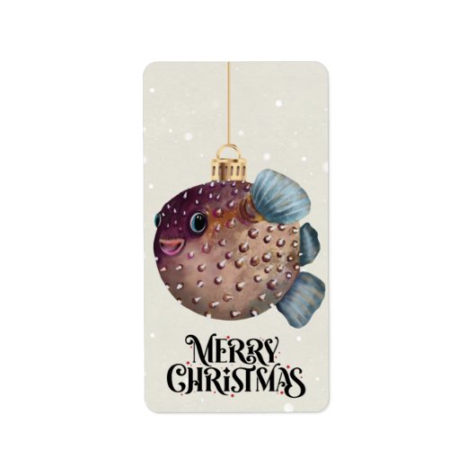 Merry Christmas Cute Pufferfish Ornament Whimsical ラベル (正面)