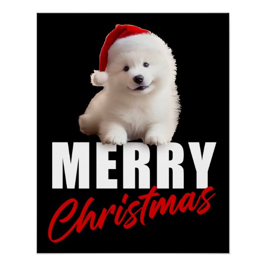 Merry Christmas Cute Samoyed Puppy with Santa Hat  ポスター (正面)