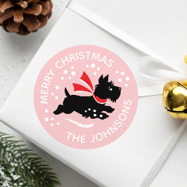 Merry Christmas Cute Scottie Dog Name Pink ラウンドシール