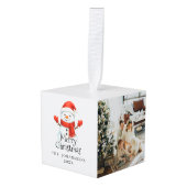 Merry Christmas Cute Snowman 3 Modern Family Photo キューブオーナメント (正面アングル)