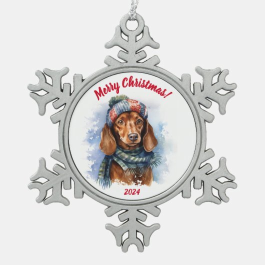Merry Christmas Dachshund: Watercolor スノーフレークピューターオーナメント (正面)