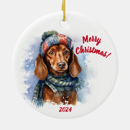 Merry Christmas Dachshund: Watercolor セラミックオーナメント (裏面)