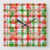 Merry Christmas Decorative Plaid Tartan スクエア壁時計 (正面)