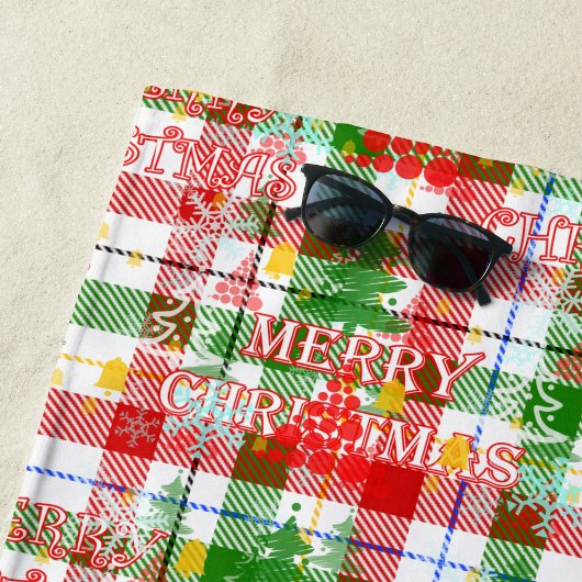 Merry Christmas Decorative Plaid Tartan  ビーチタオル
