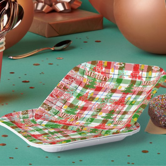 Merry Christmas Decorative Plaid Tartan  ペーパープレート