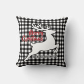 Merry Christmas Deer Black & White Plaid Name Thro クッション (正面)