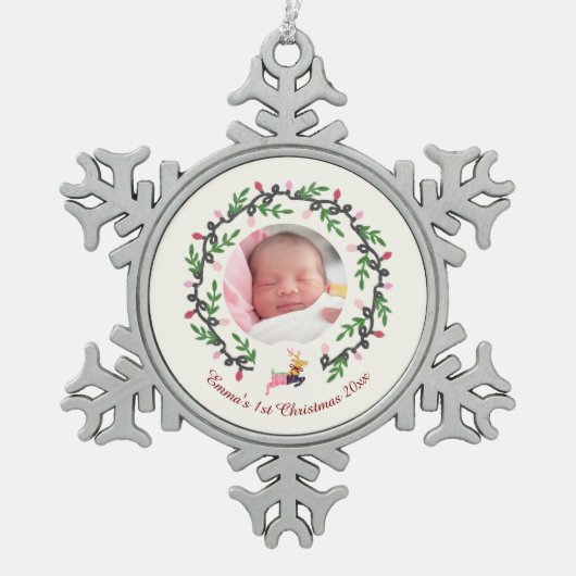 Merry Christmas Deer Cream Customize スノーフレークピューターオーナメント (正面)