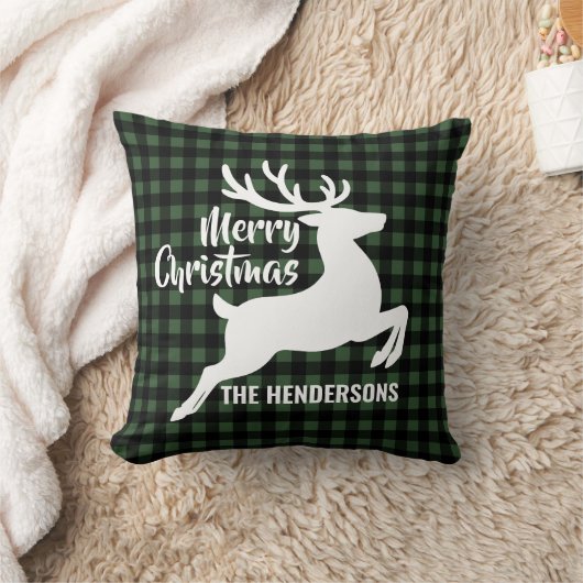 Merry Christmas Deer Green & Black Plaid Name クッション (ブランケット)
