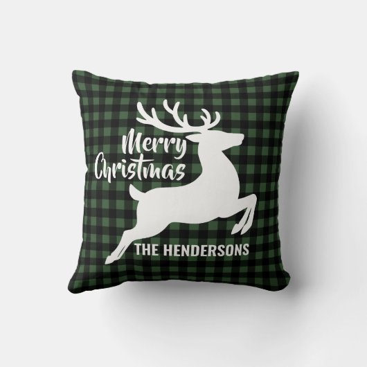 Merry Christmas Deer Green & Black Plaid Name クッション (裏面)