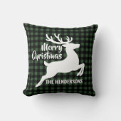 Merry Christmas Deer Green & Black Plaid Name クッション (正面)