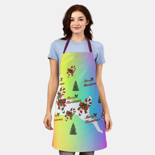 Merry Christmas Deer Rainbow Holiday  エプロン (着用した状態)
