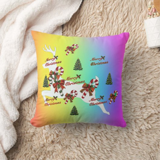 Merry Christmas Deer Rainbow Holiday Throw Pillow クッション (ブランケット)
