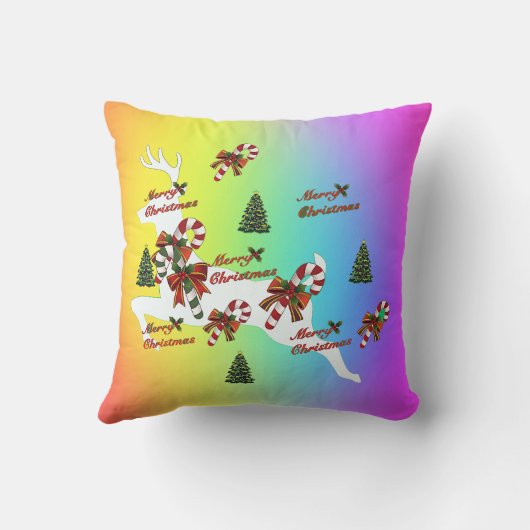 Merry Christmas Deer Rainbow Holiday Throw Pillow クッション (裏面)