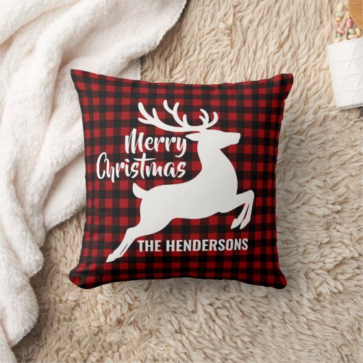 Merry Christmas Deer Red & Black Plaid Custom Name クッション (ブランケット)