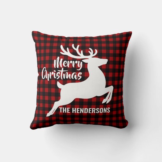 Merry Christmas Deer Red & Black Plaid Custom Name クッション (裏面)