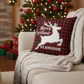 Merry Christmas Deer Red & Black Plaid Custom Name クッション
