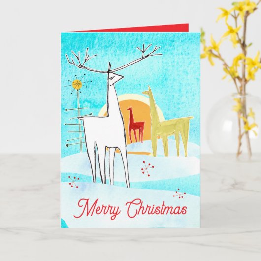 Merry Christmas Deer Snow Sunrise Holiday Tree カード (黄色い花)