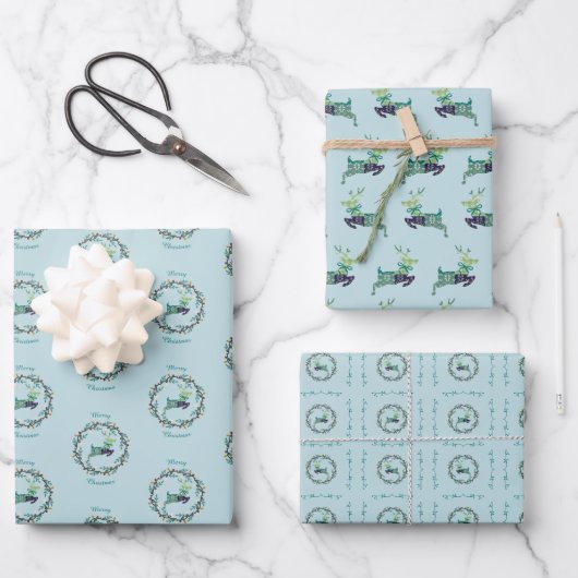 Merry Christmas Deer Teal Wrapping Paper Set of 3 ラッピングペーパーシート (正面)