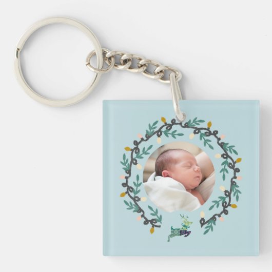 Merry Christmas Deer with Wreath Teal キーホルダー (正面)