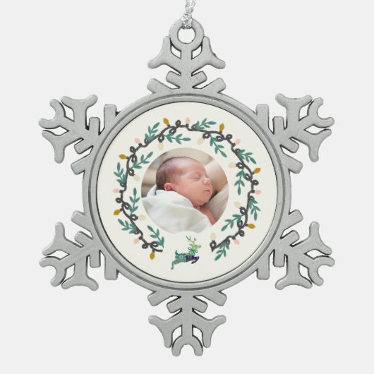 Merry Christmas Deer with Wreath Teal Cream スノーフレークピューターオーナメント (正面)