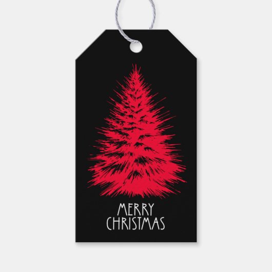 Merry Christmas Distressed Chic Red Pine Tree ギフトタグ (正面)