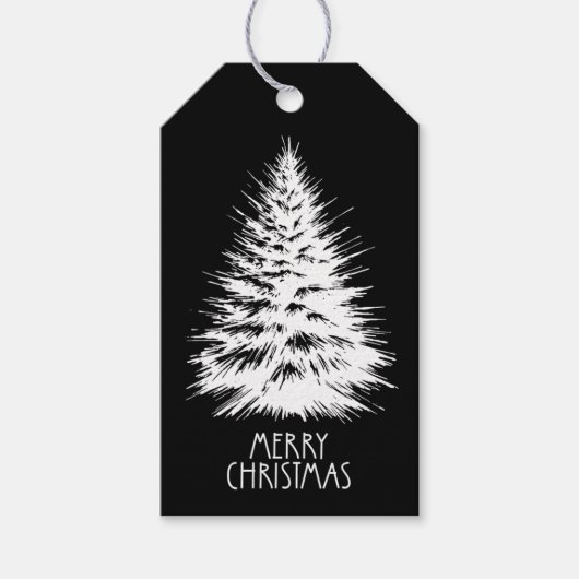 Merry Christmas Distressed Chic White Pine Tree ギフトタグ (正面)