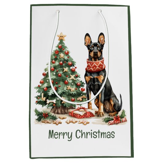 Merry Christmas Dobermann Dogs ミディアムペーパーバッグ (正面)