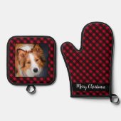 Merry Christmas Dog Photo Personalized Red Plaid 鍋つかみ&鍋敷きセット (正面)
