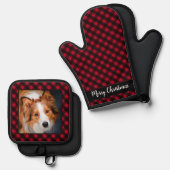 Merry Christmas Dog Photo Personalized Red Plaid 鍋つかみ&鍋敷きセット (正面/裏面)