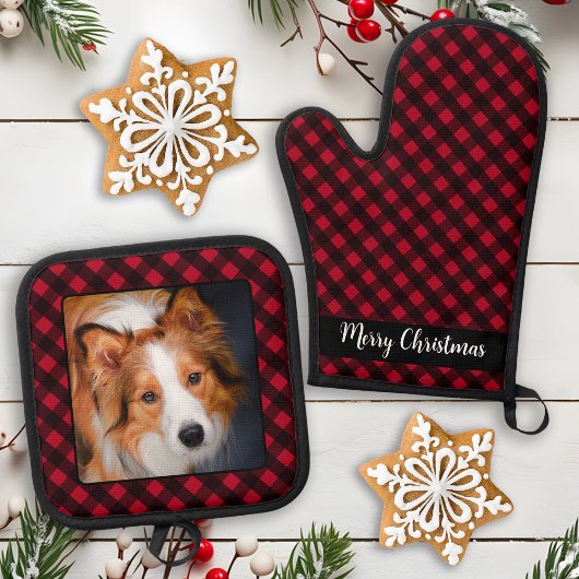 Merry Christmas Dog Photo Personalized Red Plaid 鍋つかみ&鍋敷きセット