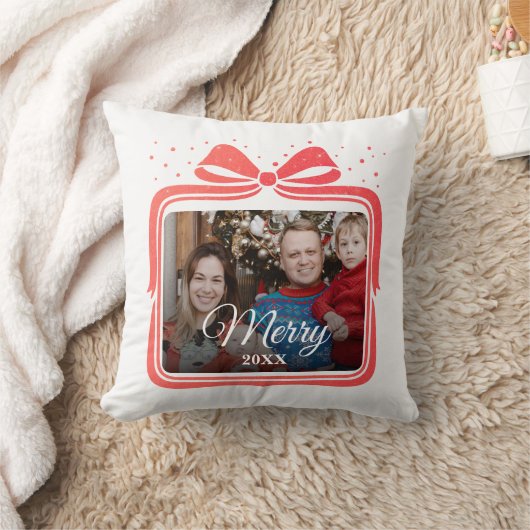  Merry Christmas Elegant Bow Present Photo Collage クッション (ブランケット)