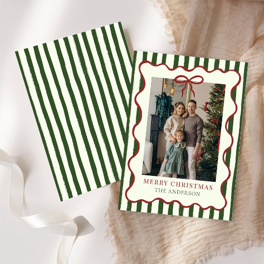 Merry Christmas Elegant Red Bow Photo Holiday Card シーズンカード