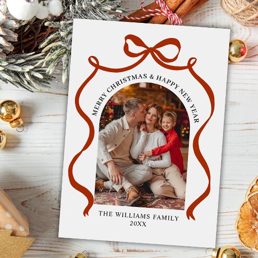 Merry Christmas Elegant Red Bow Photo Holiday Card シーズンカード