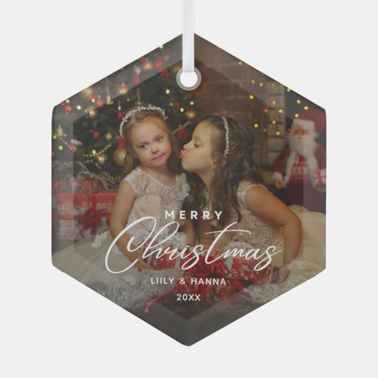 Merry Christmas Elegant Script Family Photo ガラスオーナメント (正面)