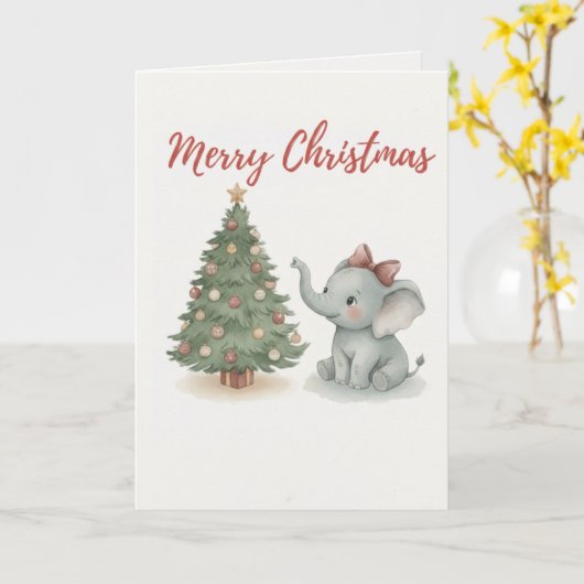 Merry Christmas Elephant Card Cute Baby Elephant カード (黄色い花)