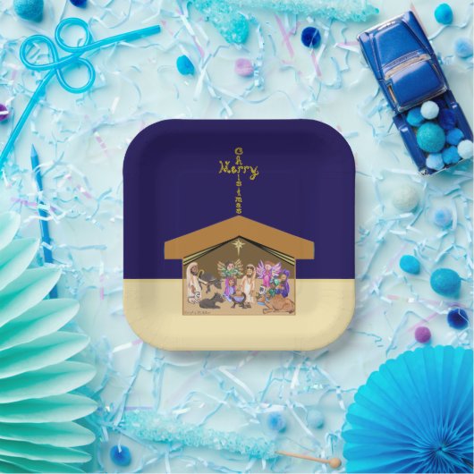 Merry Christmas Fabric Font Cross Over Nativity ペーパープレート (パーティー)