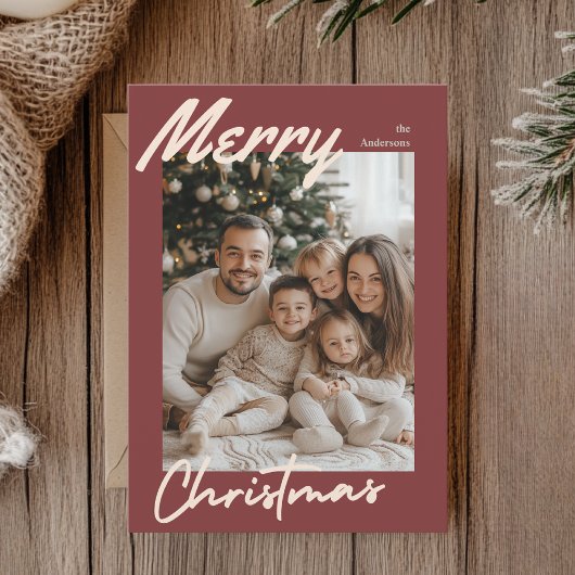 Merry Christmas Family Photo Card | Burgundy Frame シーズンカード