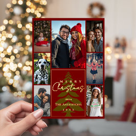 Merry Christmas Family Photo Collage Red and Gold 箔シーズンカード