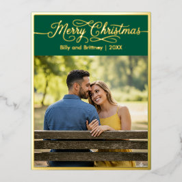 Merry Christmas Family Photo Green 箔シーズンポストカード
