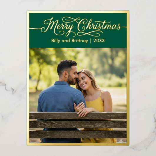 Merry Christmas Family Photo Green 箔シーズンポストカード (正面)