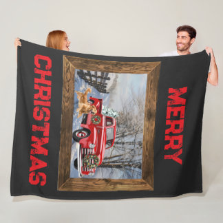 Merry Christmas Farm With Dog Throw Fleece Blanket フリースブランケット