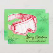 Merry Christmas Favorite Skier Goggles Green シーズンポストカード (正面/裏面)