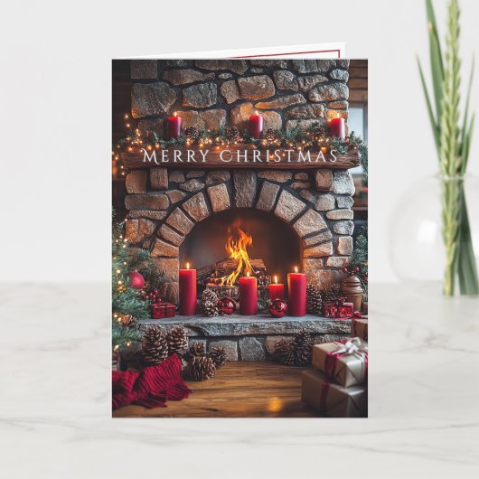 Merry Christmas  Fireplace Red Candles Pine Cones カード (正面)
