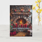 Merry Christmas  Fireplace Red Candles Pine Cones カード (黄色い花)