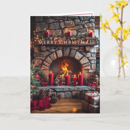 Merry Christmas  Fireplace Red Candles Pine Cones カード (黄色い花)