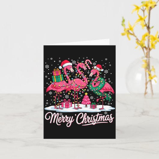 Merry Christmas Flamingo Lights Santa Hat Snow Xma カード (黄色い花)