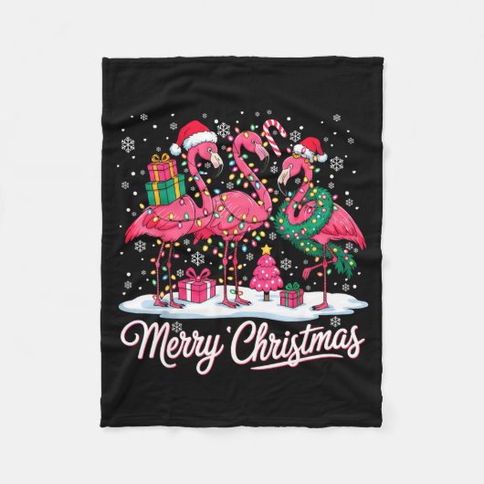 Merry Christmas Flamingo Lights Santa Hat Snow Xma フリースブランケット (正面)