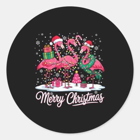 Merry Christmas Flamingo Lights Santa Hat Snow Xma ラウンドシール (正面)